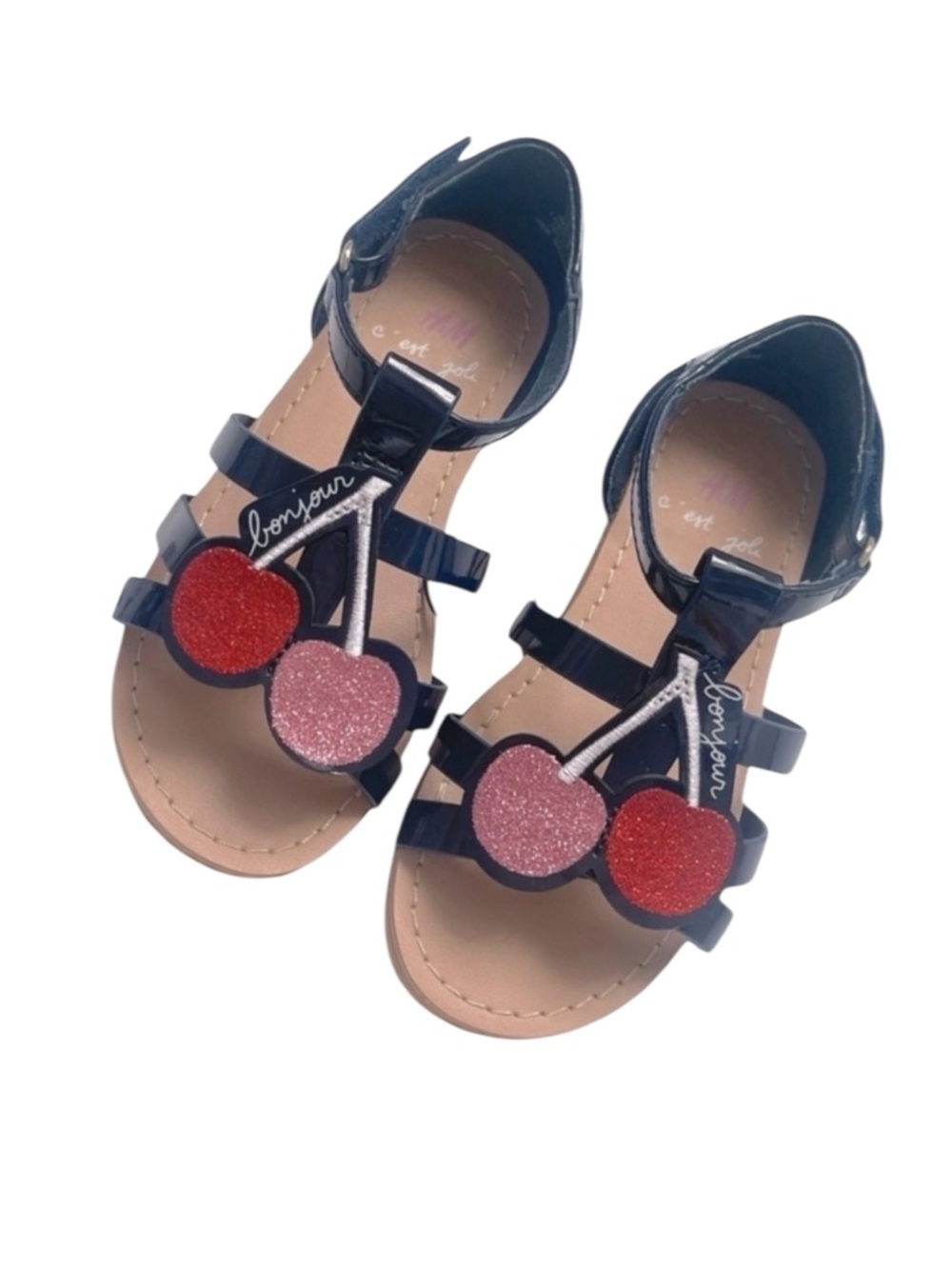 H&M Girls Navy Sandals with Glitter Cherry Accents